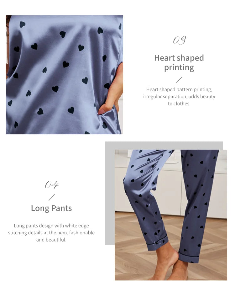 Ladies Heart Print Pajama Set Sexy V Neck Cami Top & Elastic Waistband Pants Pyjama 2 Pieces Women's Sleepwear & Loungewear Pjs