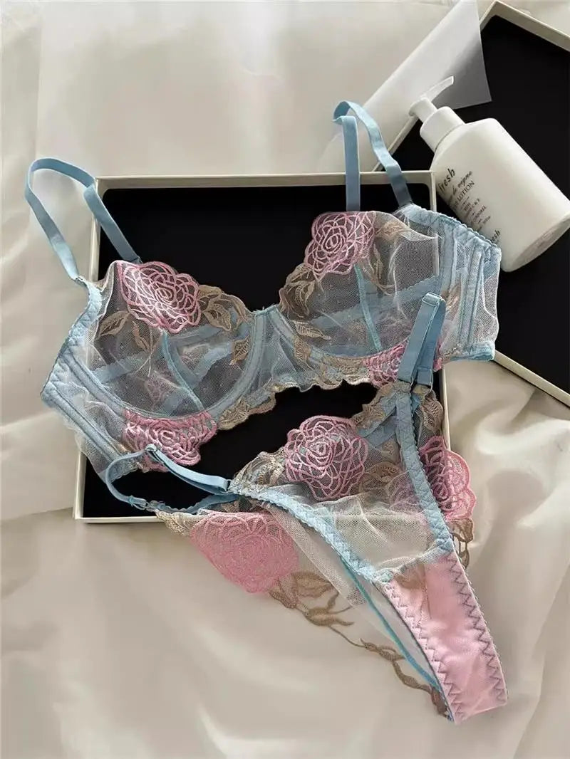 Pure Desire French Lace Bra Set Rose Embroidery Minimizer Wireless Comfort Support Full Bust Anti Sagging Breathable No Show USA