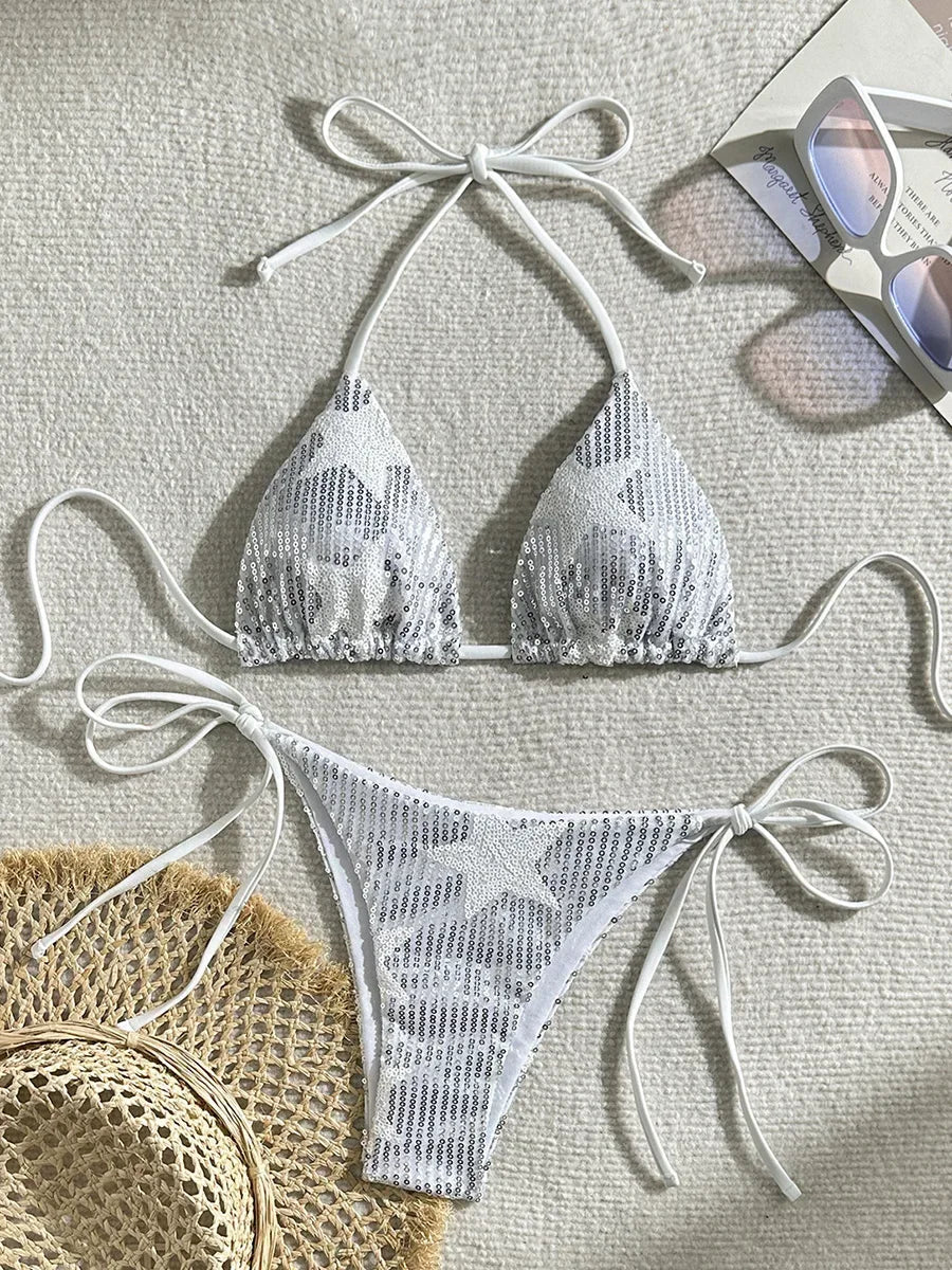 Sparkling Star Sequins Halter Bikini Women Swimsuit Female Swimwear Two Pieces Bikini Set Brazilian Bathing Suit Swim Beachwear