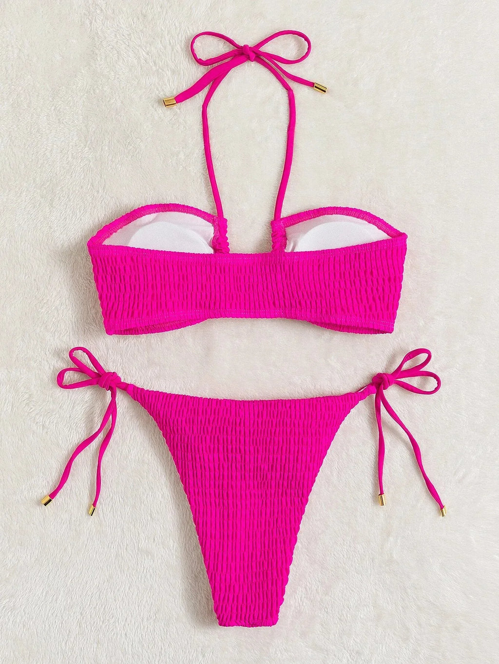Halter Tie Side Pleated Smocked Bikini Women Bandeau Swimsuit Female Swimwear Two Pieces Bikini Set Bathing Suit Swim Beach Wear