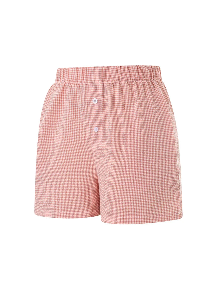 Summer Womens Casual Shorts Elastic Waist Plaid/Striped Print Button Front Shorts Casual Beach Going Out Pants