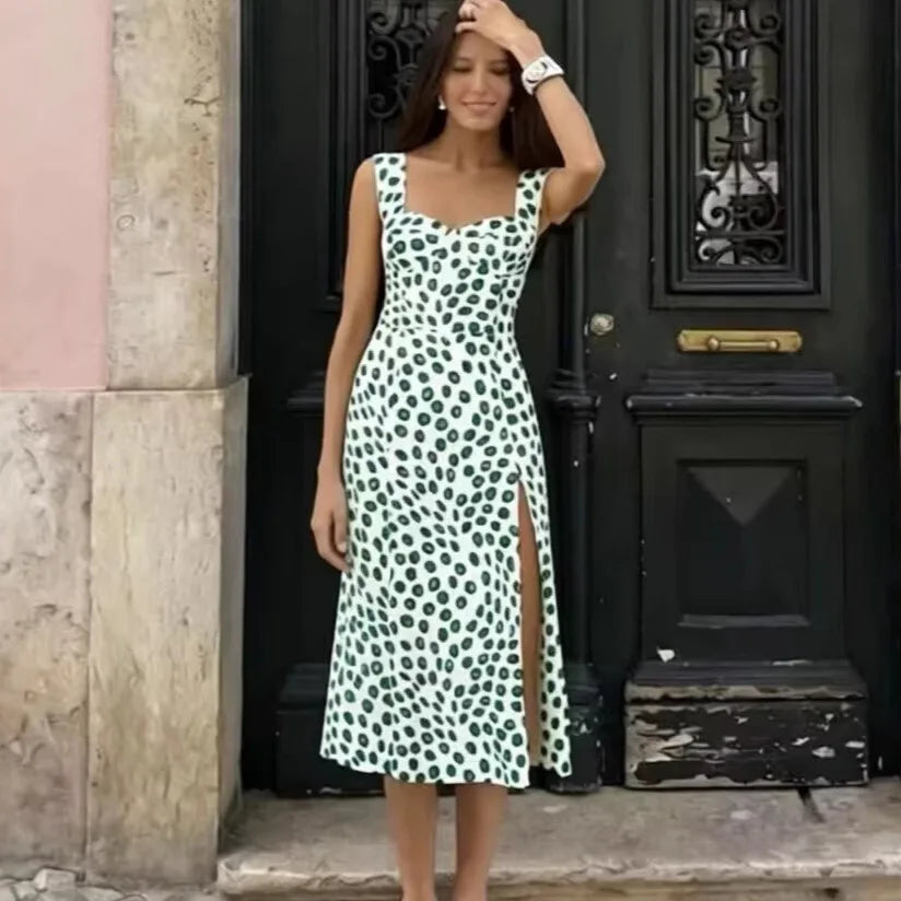 French Style Low-cut Polka Dot Print Camisole Dress For Women Sexy Side Slit Waist-cinching Mid-length Beach Dress Charming WYLB