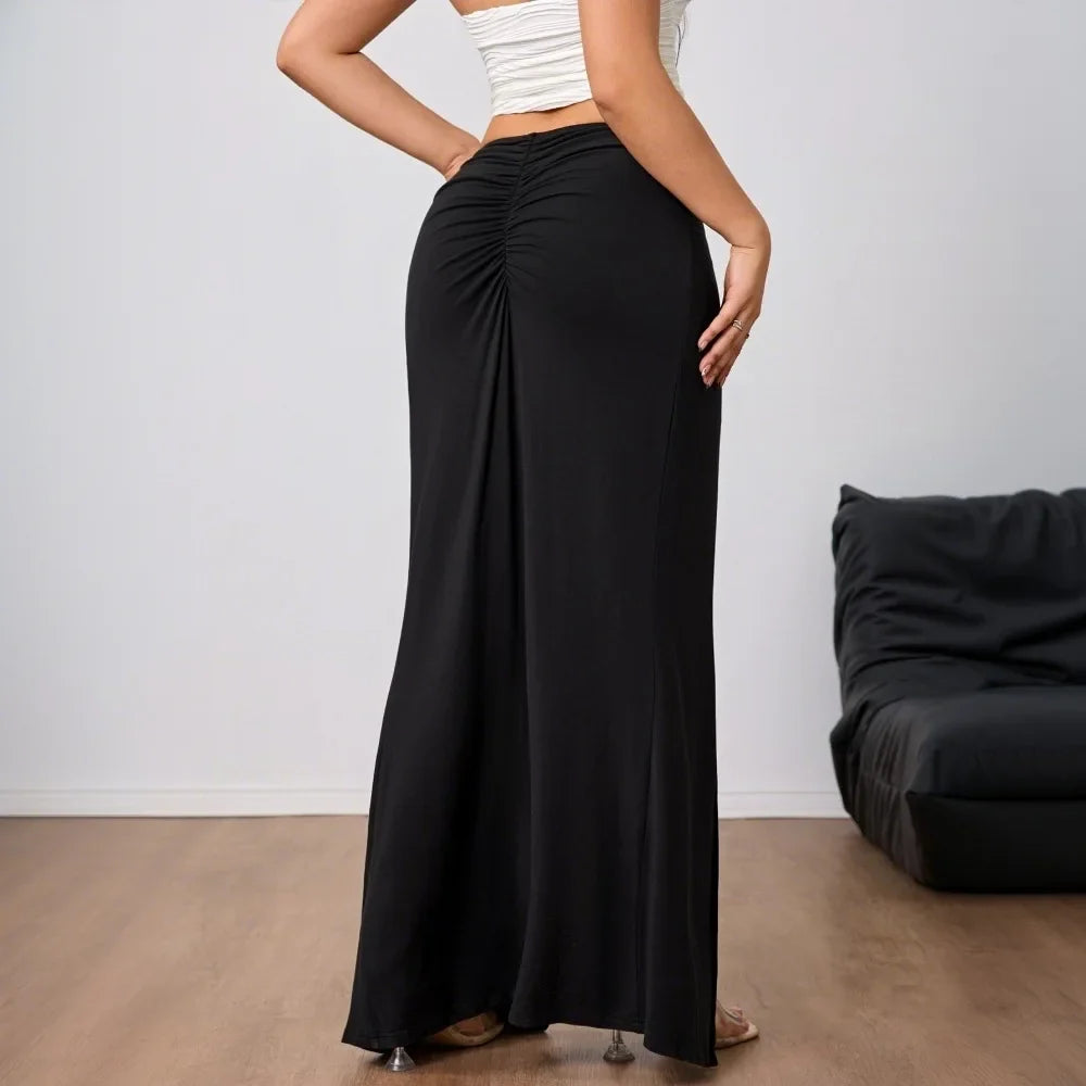 Elegant Black Skirt for Lady Folds High-waisted slit Women's Long Skirt Spring Summer Outfit Fashionable Casual Streetwear Women