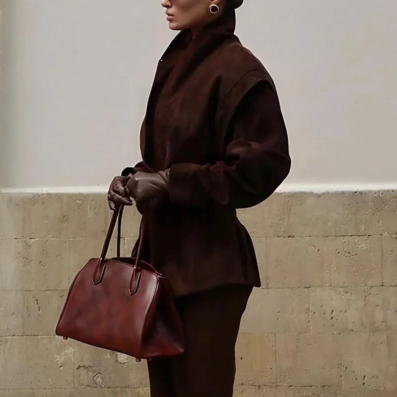 Phantasy Fashion Vintage Belt-Down Jacket Autumn Winter V-Neck Commuter Brown Suit Casual Style High-End Women's Clothing 2025