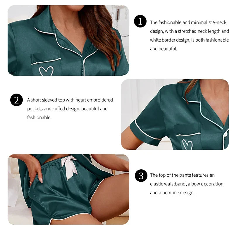 Women's Pajama Lounge Set Summer Heart Embroidered Pocket Patched Short Sleeve Shirt & Shorts Pajamas 2 Piece Set Pyjama Femme