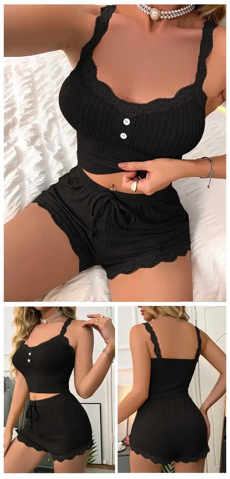 Women Sexy Pajama Set Ribbed Lace Trim Camisole Top & Shorts Summer Sleepwear Two Piece Lounge Nightwear