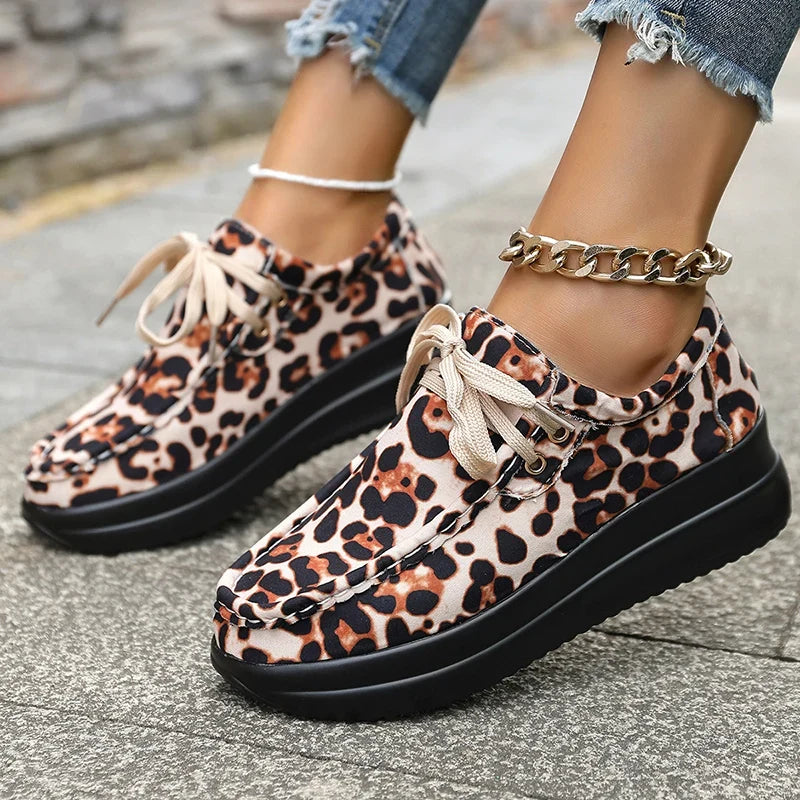 Fashion Leopard Print Platform Sneakers Women Plus Size 43 Lace Up Thick Sole Casual Shoes Woman Non Slip Sport Walking Shoes