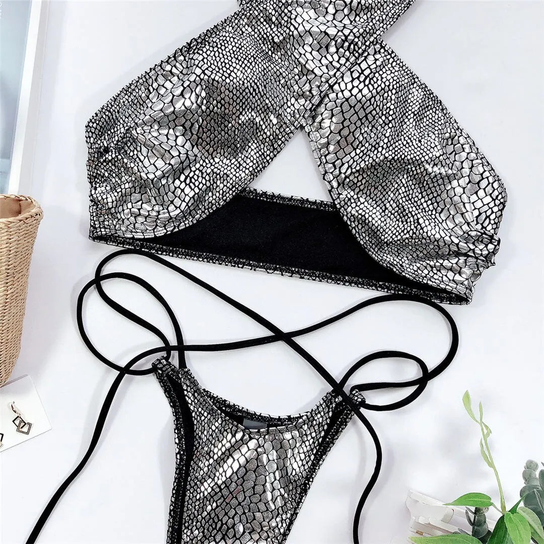 2026 Shiny Halter Thong Bikini Women Swimwear Female Swimsuit Two-Pieces Bikini Set Wrap Around Bather Bathing Suit Swim V2089