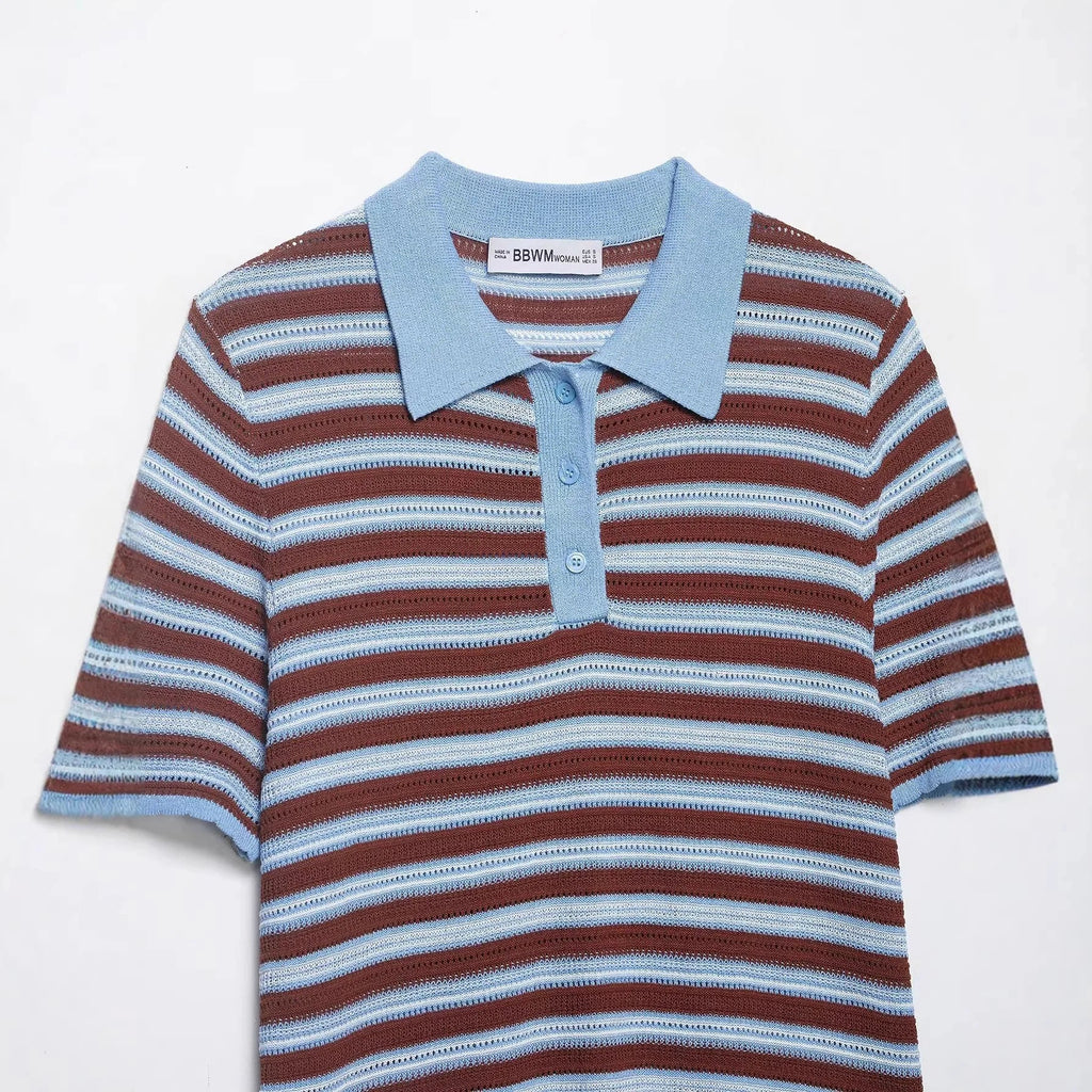 Fashion Casual Striped Knit Polo Shirt Striped Knit Shirt For Women Blue Brown Short Sleeve Hollow Out Casual Summer Top UEZ7