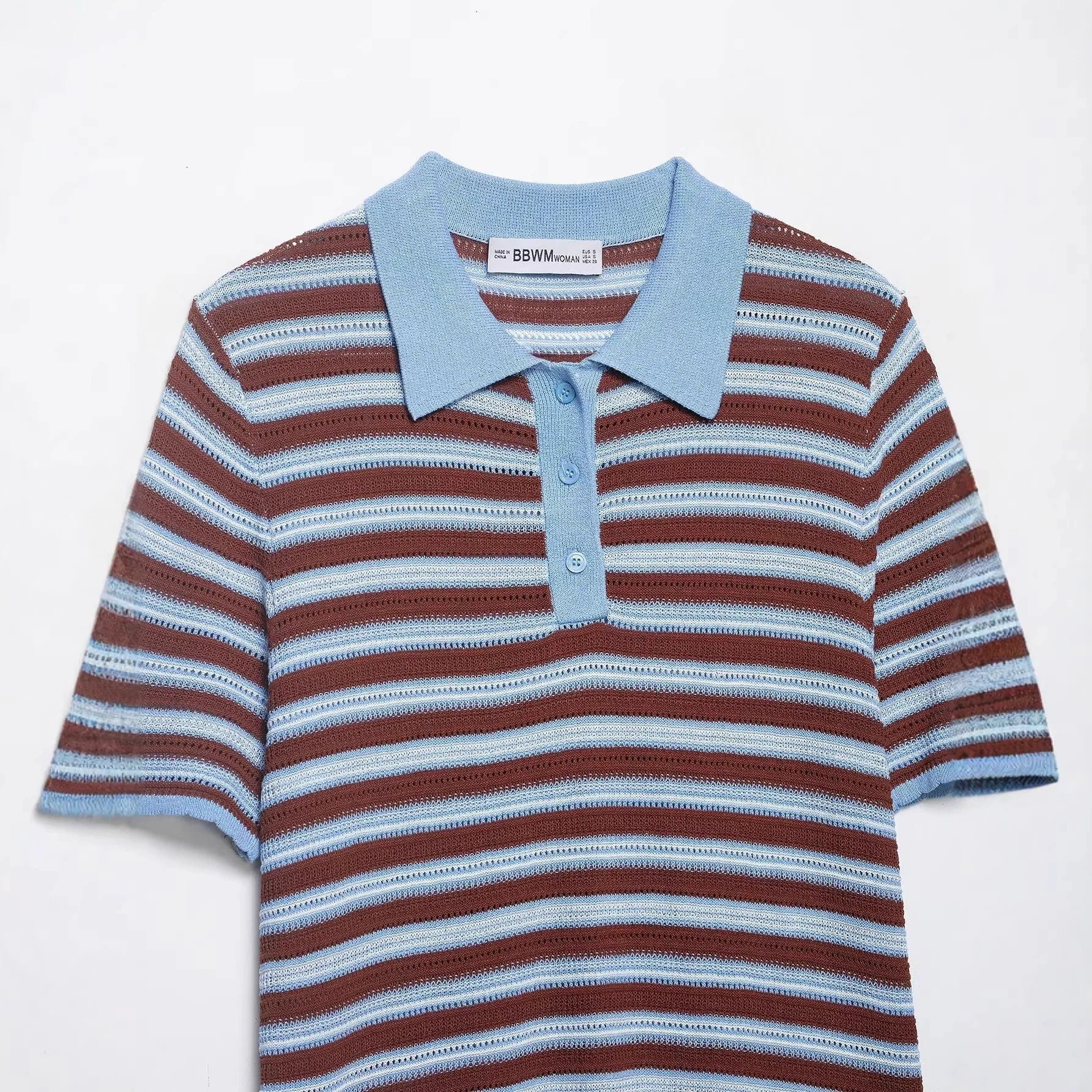 Fashion Casual Striped Knit Polo Shirt Striped Knit Shirt For Women Blue Brown Short Sleeve Hollow Out Casual Summer Top UEZ7