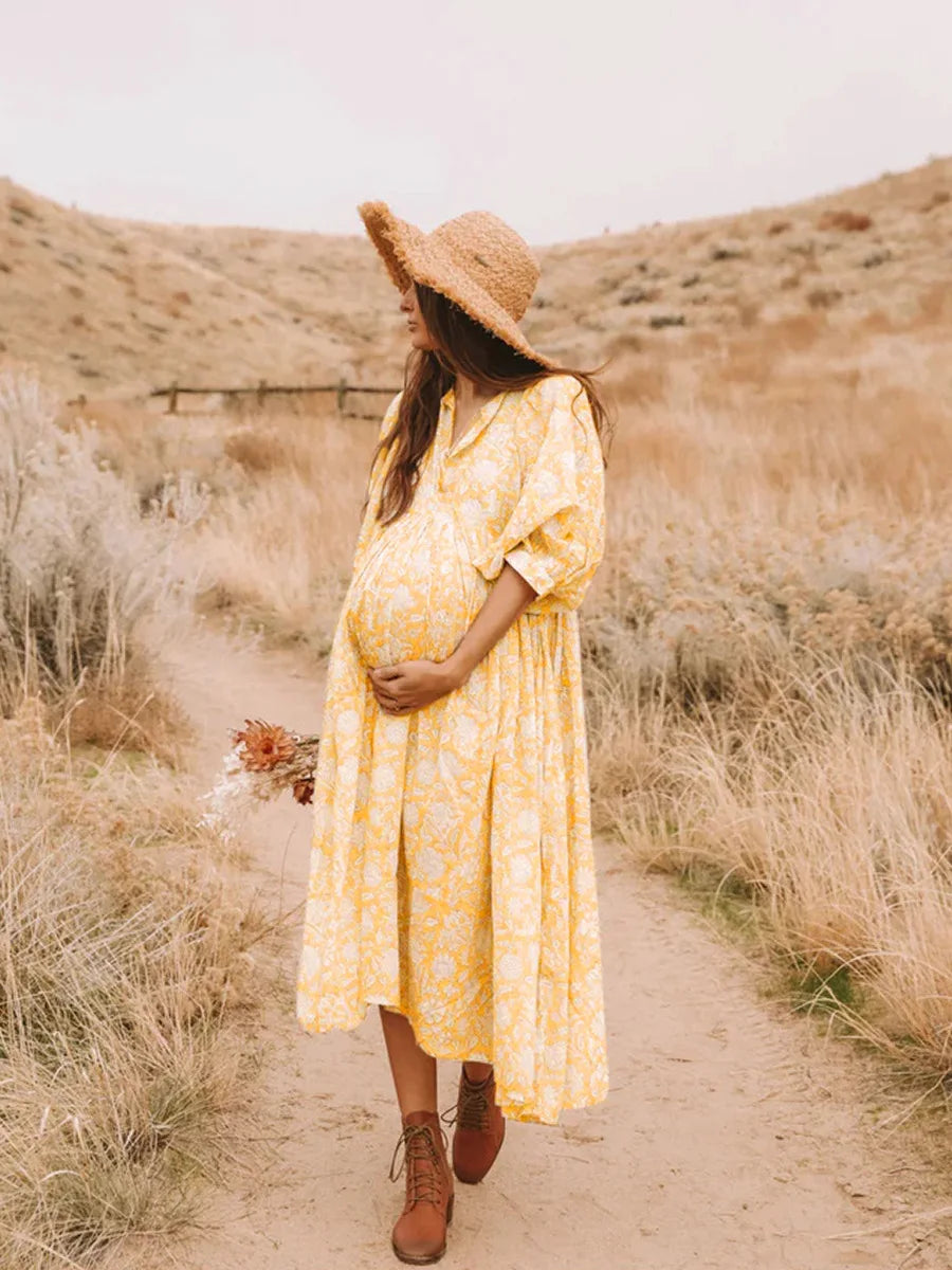 Foridol Lantern Half Sleeve Cyan Bohemian Beach Midi Loose Dress Summer for Women Tie Up Casual Floral Holiday Midi Vestidos