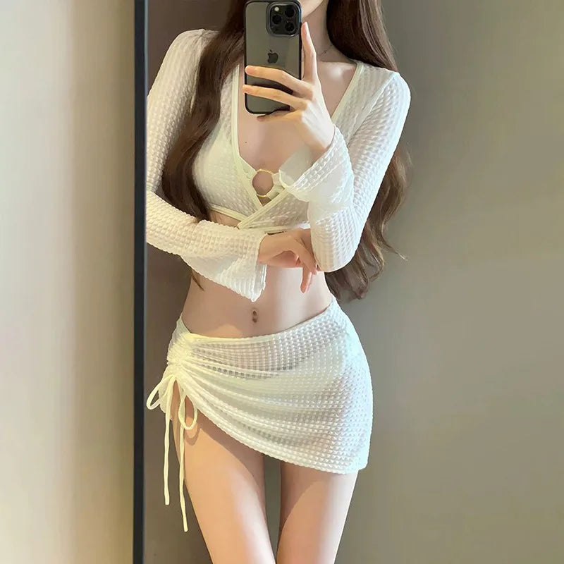 Women's Bikini Women's Four Piece Set, Split Fashion Skirt Style, Hollow Out, Conservative, Seaside Hot Spring Soaking