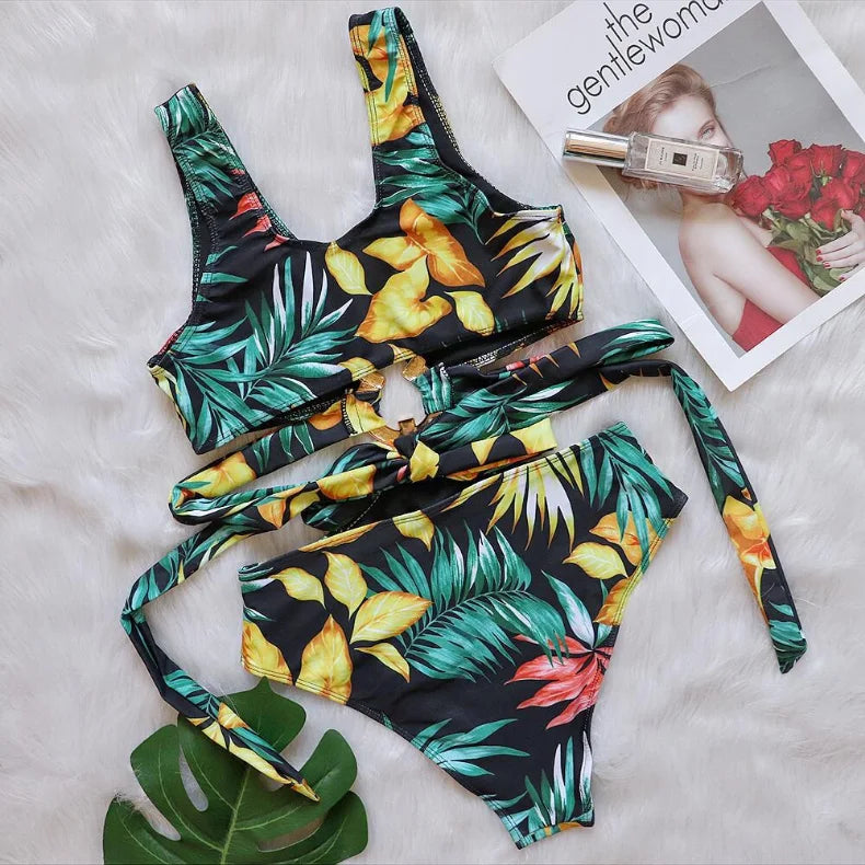 4 Colors New Sexy One Piece Swimsuit Swimwear Women Deep V-neck Hollow High Waist One-piece Bathing Suit Beachwear Metal Hoop