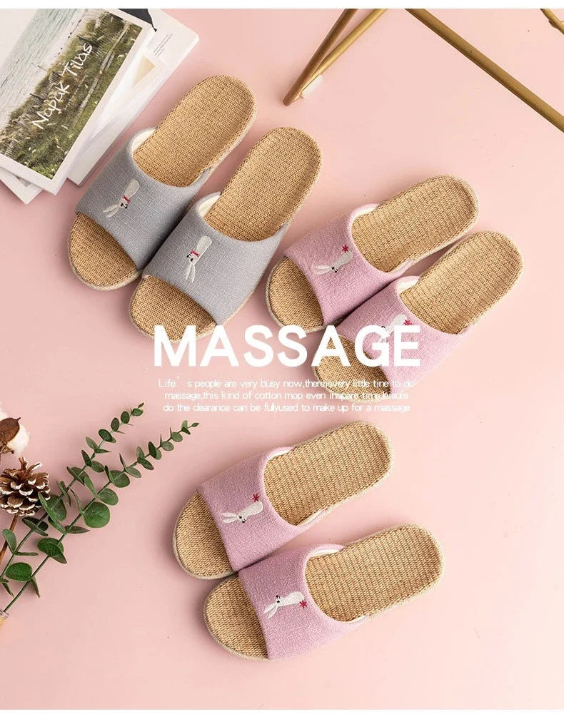 Breathable Cotton Flax Slippers For Women Men Indoor Shoes Anti-slip Light Weight Cute Cartoon Couples Home Floor Slides