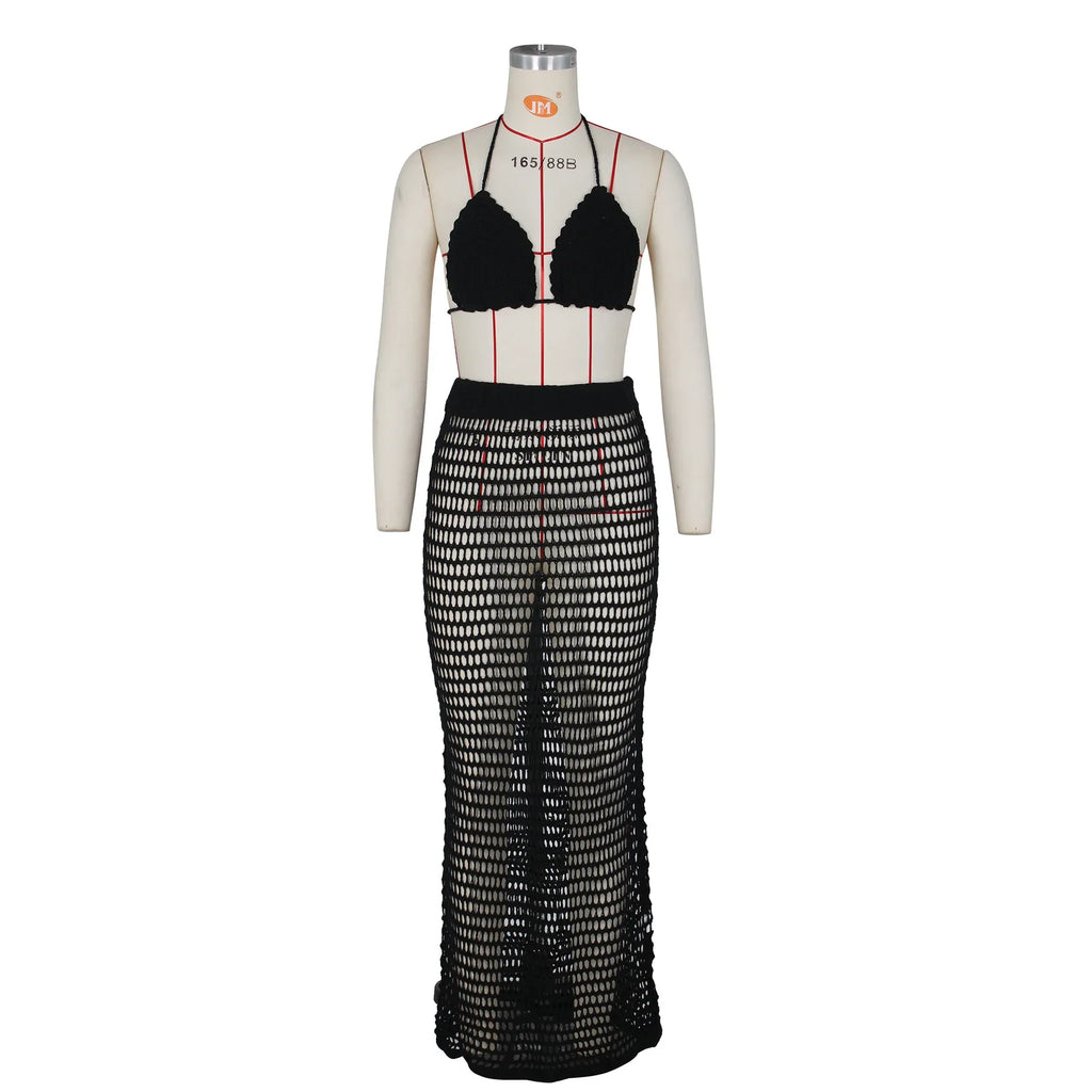 DEKA Beach Cover Up High Split Crochet Knitted Tunic Beach Dress Beach Wear Beachwear Women Long Knit Hollow Tassels Skirt Suit