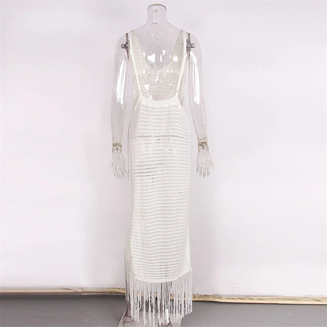 New Sexy S - XL Fringe Tassel Knitted Crochet Tunic Beach Cover Up Cover-ups Beach Dress Beach Wear Beachwear Female Women V3791