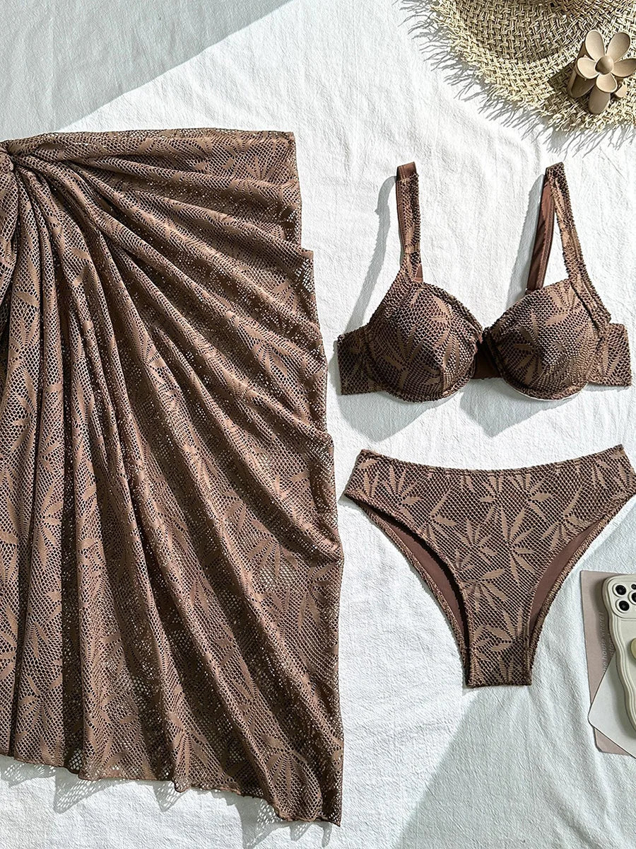 With Mesh Skirt Underwired Bra Cup Bikini Women Swimwear Female Swimsuit Three-pieces Bikini Set Bathing Suit Swim Beachwear