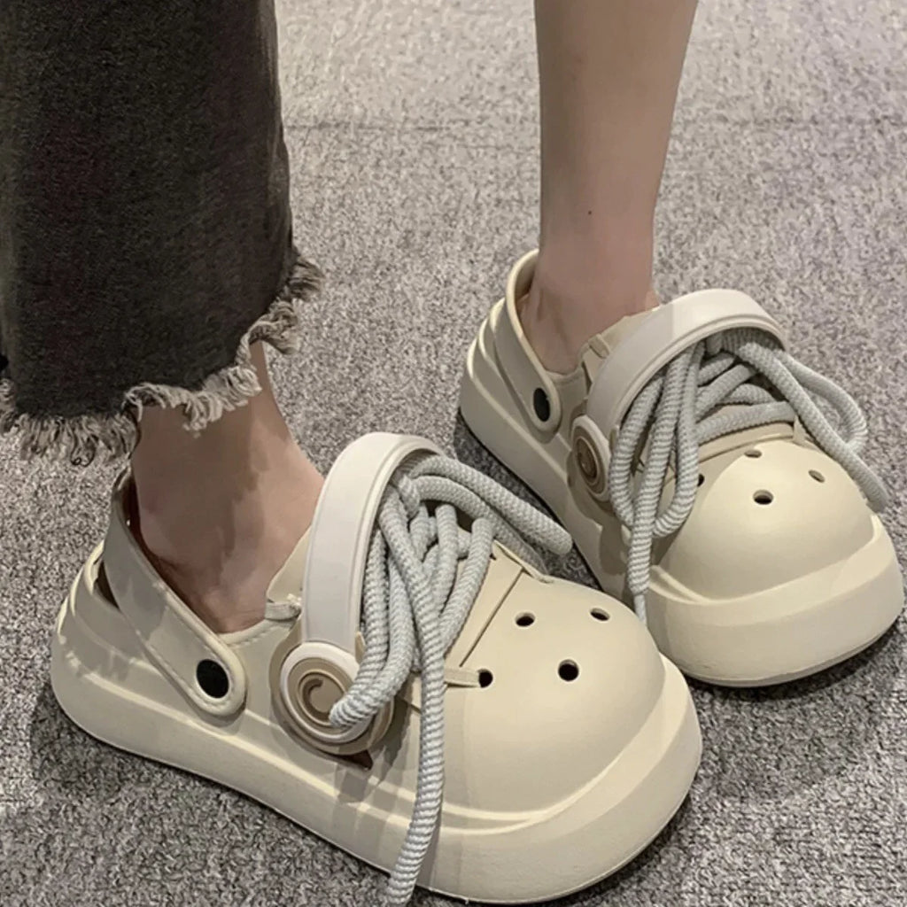 Women Summer Sandals Lace-up Style 2 Way to Wear Couples Fashion Platform Clogs Soft EVA Thick Sole Men Beach Street Slippers