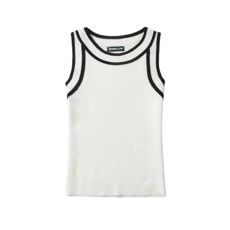 Slim-fit Color-blocked Sleeveless Tank Top For Women Spring Round-neck Slim-fit Hot Girl Knit Short Top Casual Style 77RB