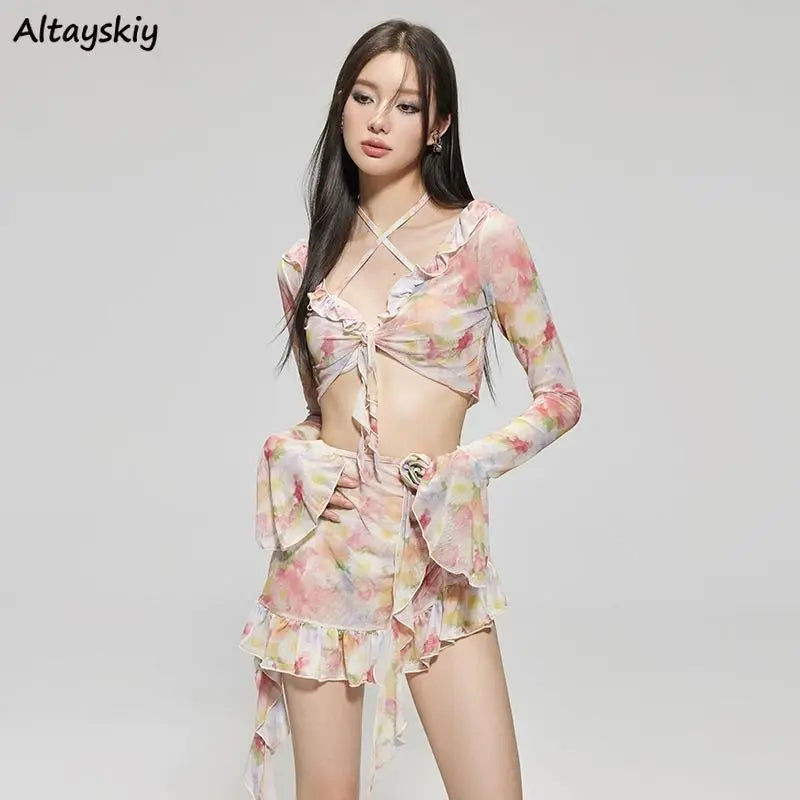 Bikinis Set Swimsuit Women Sweet Floral Prints Summer Girlish Sexy Ruffles Korean Style High Waist Swimwear Fashion Beach Wear