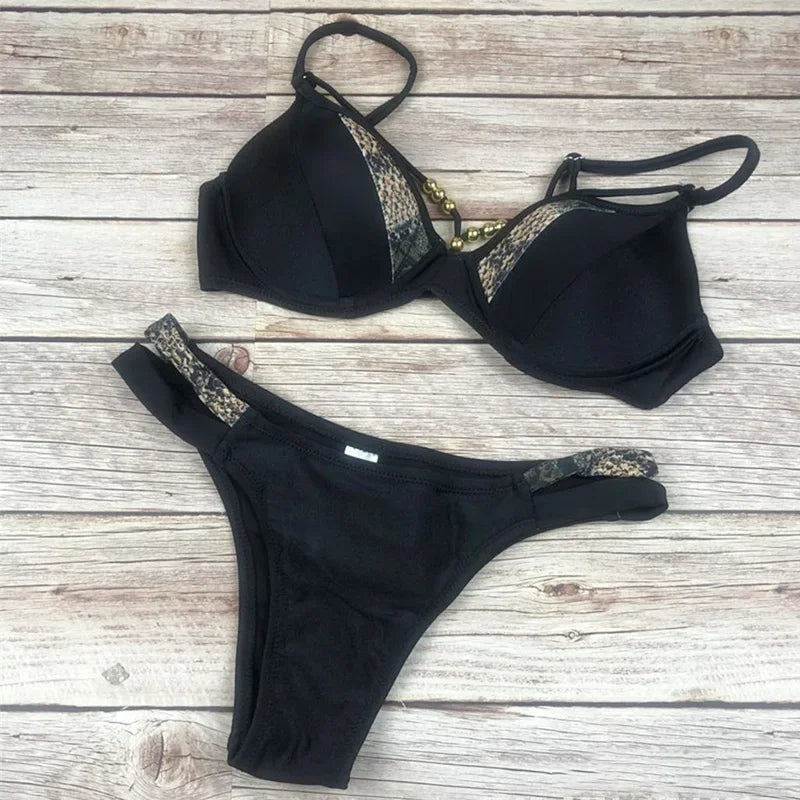Leopard Splicing Bra Cup Bikini Women Swimsuit Female Swimwear Two-pieces Bikini Set Push Up Bather Bathing Suit Swim Beach Wear