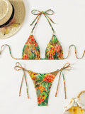 Tropical Print Bikini Set Women's 2026 New 2 Piece Swimsuit Sexy Triangle Halter Backless Thong Swimwear Beach Vacation Wear
