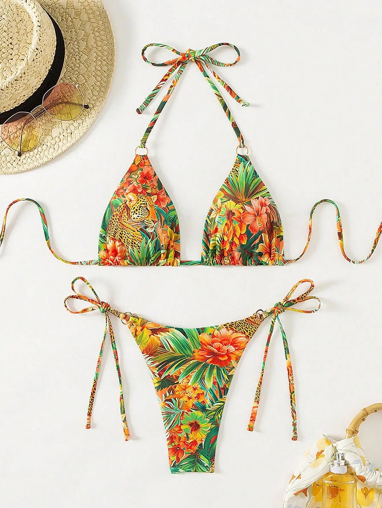 Tropical Print Bikini Set Women's 2026 New 2 Piece Swimsuit Sexy Triangle Halter Backless Thong Swimwear Beach Vacation Wear