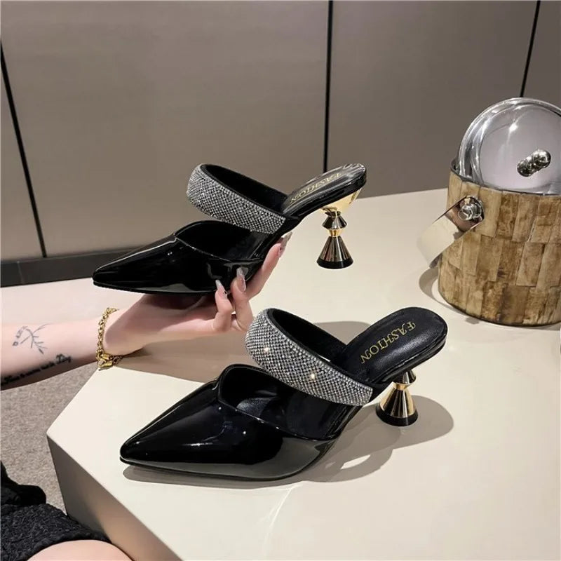 American pointed rhinestone high-heeled slippers women slim heels with toe caps, empty fashion sandals,