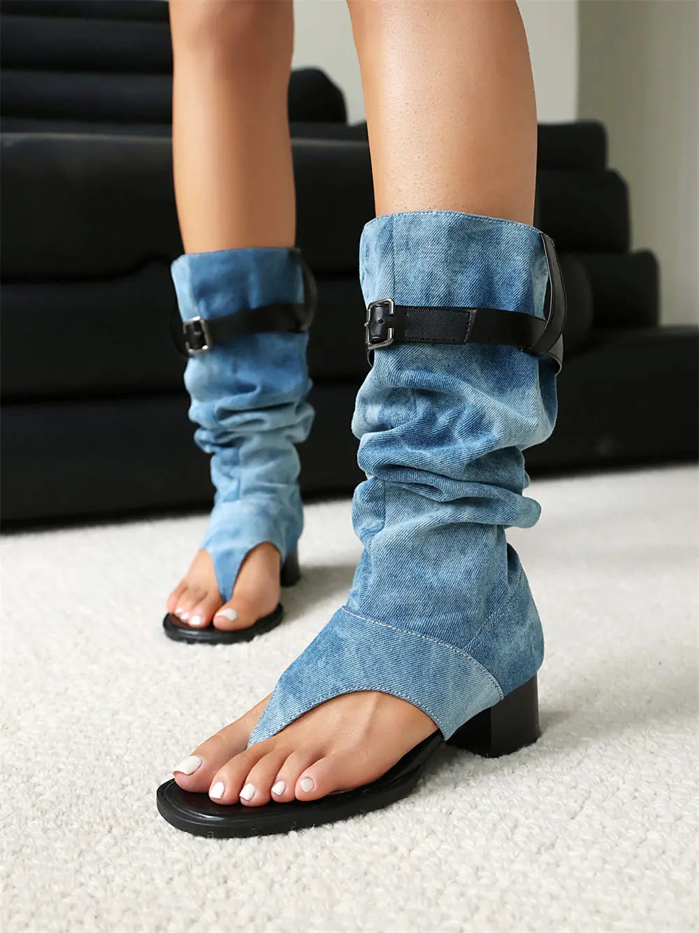 2025 Brand Plus Size 48 Trendy Denim Blue Gladiator Sandals Women Chic Black Chunky Heels  Fashion Comfy Walk Summer Boot Shoes