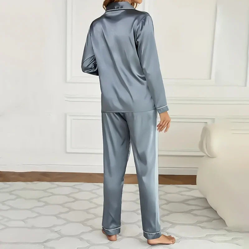 Women's Luxurious Satin Pajamas Pj Set Turn-down Collar Button Tops & Pants Sleepwear & Loungewear for Summer Home Clothes Suit