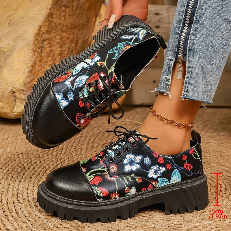 Fashion Printed Platform Oxford Shoes Women Comfortable Plus Size 43 Lace Up Pu Leather Shoes Woman Red Thick Sole Loafers Mujer