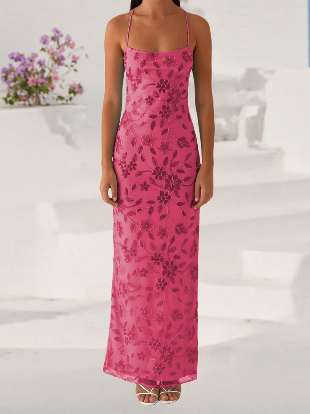 Women Summer Glitter Sequin Beaded Flower Cami Dress Slim High Split Spaghetti Strap Open Back Long Dresses for Party Club