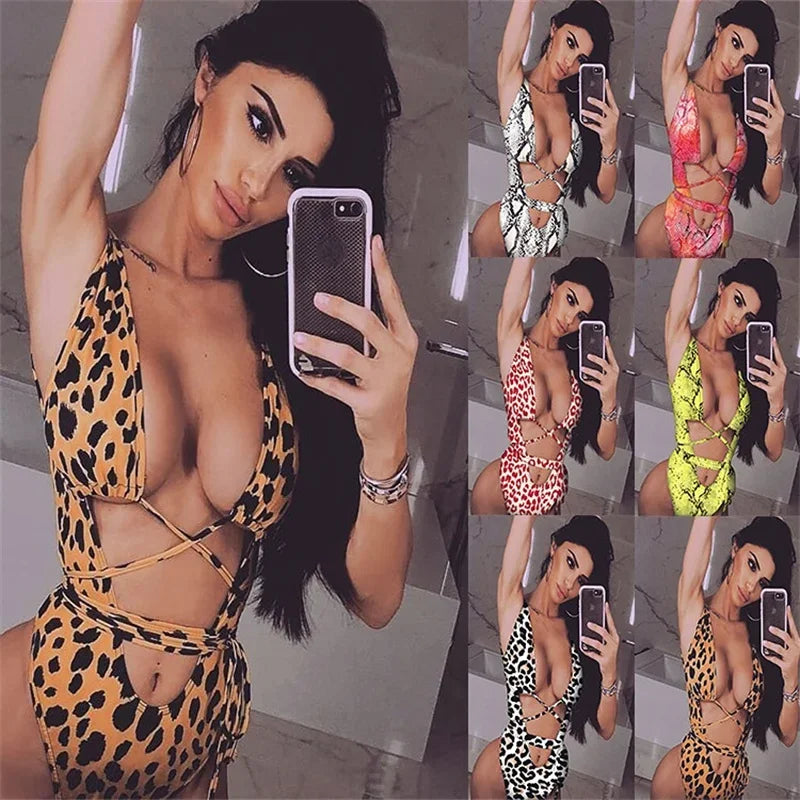 6 Colors New Sexy One Piece Swimsuit Swimwear Women Leopard Snakeskin Print Hollow Cross Straps One-piece Bathing Suit Beachwear