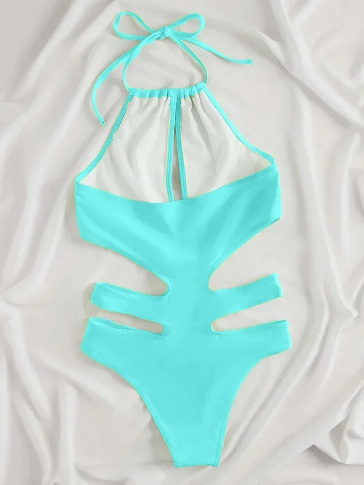 2025 New Sexy Halter Women Swimwear One Piece Swimsuit Female Hollow Out Monokini Bather Bathing Suit Summer Beach Wear Bodysuit