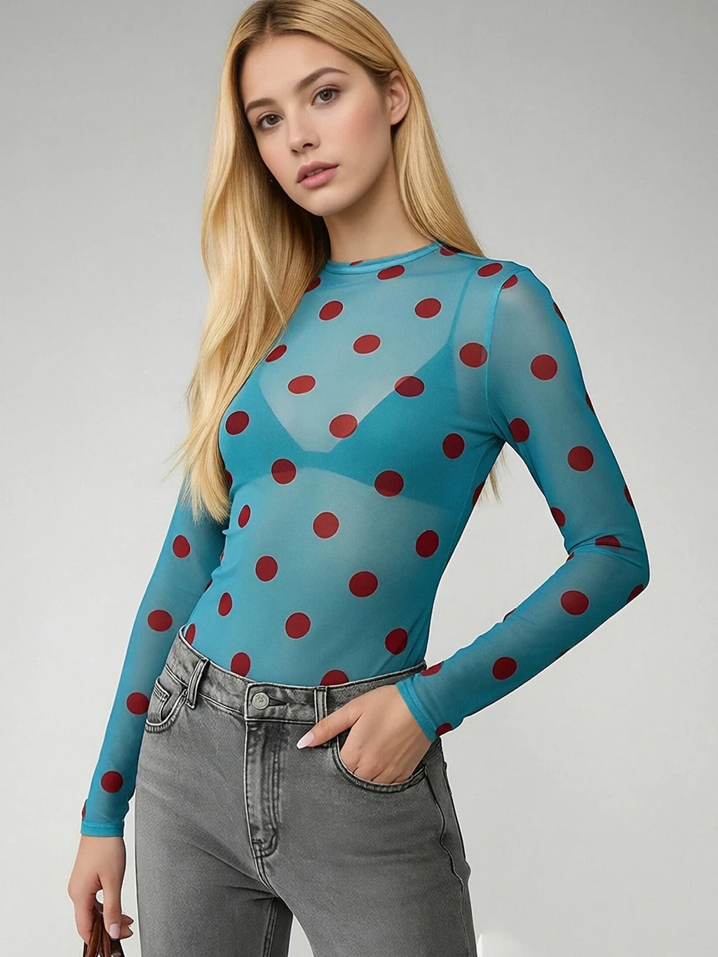 Women’s Spring Summer Crew Neck Mesh T-Shirts Long Sleeve Dots Print Slim Fit Transparent Classic Tops