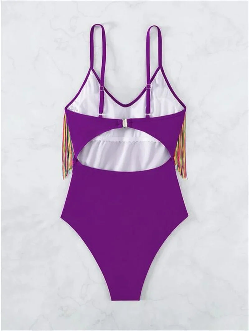 Colorful Tassel One Piece Swimsuit Women Sexy Hot Pink Push Up Tummy Control Swimwear Beach Backless Bathing Suit Monokini 2024
