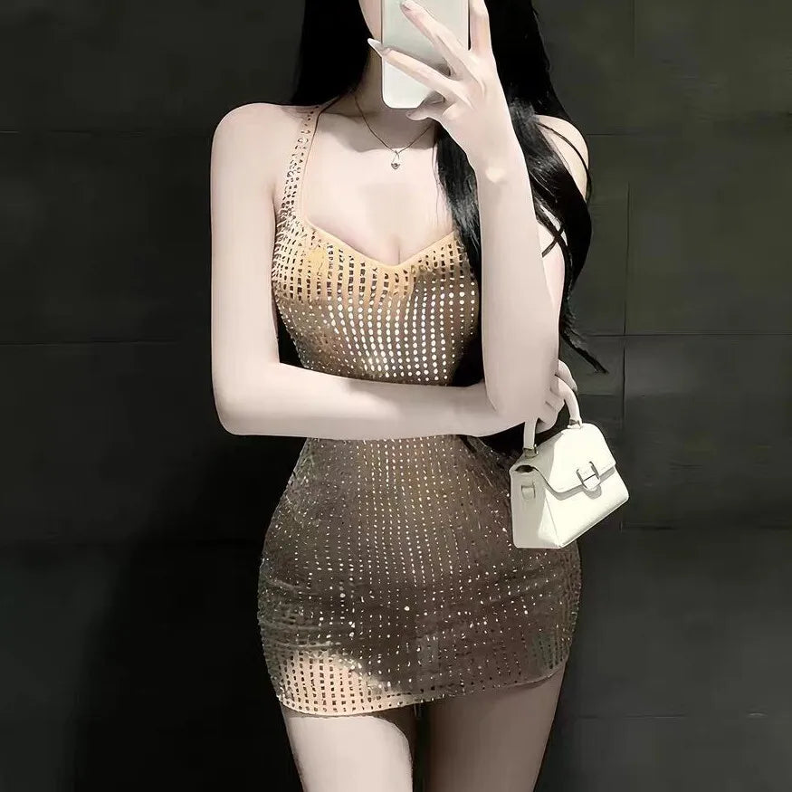 2026 Spring New Sexy Shinestone Halter Neck Backless Slim Fit Waist-Cinching Bodycon Dress Pure Desire Charming Pure Desire FJZ8
