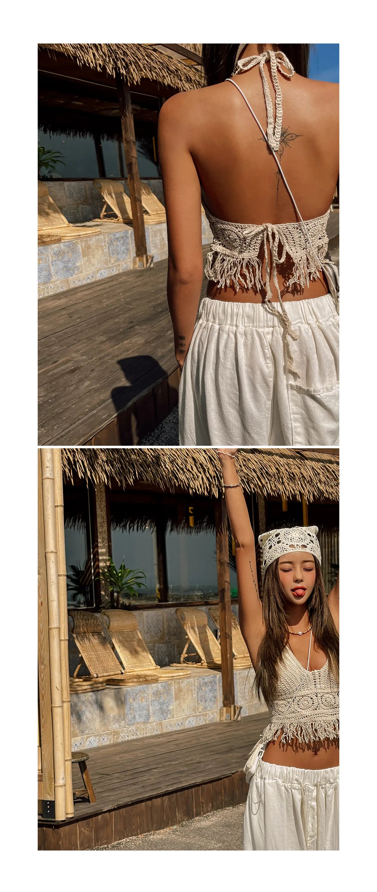 Boho Crochet Halter Top for Women Summer Beach Knit Crop Top with Tassels Backless Sleeveless Bralette