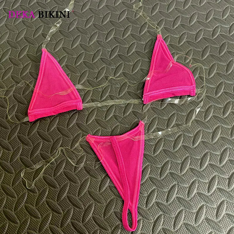 DEKA Sheer Mesh Mini Micro Bikini Set for Ladies Simple Transparent Swimsuit Strap Sensual Lingerie Beachwear Swimwear