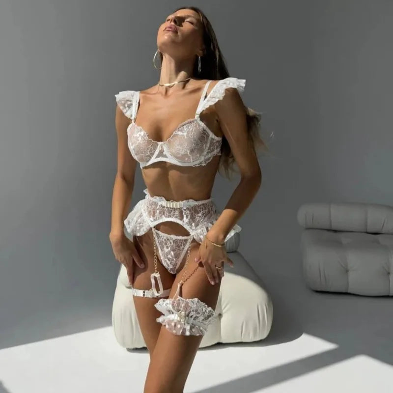 Toucheart 7PCS Women Sexy Lace See-through Hollow Out Interesting Underwear Garters Slim Backless Spaghetti Strap Sexy Mesh Set