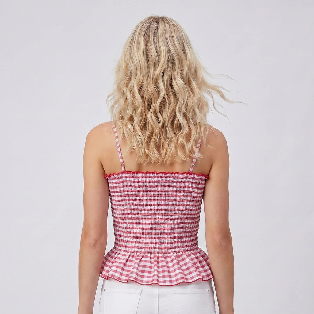 Summer Women Smocked Tank Tops Spaghetti Strap Plaid Ruffle Camisole Fashion Sleeveless Vest Shirts Streetwear