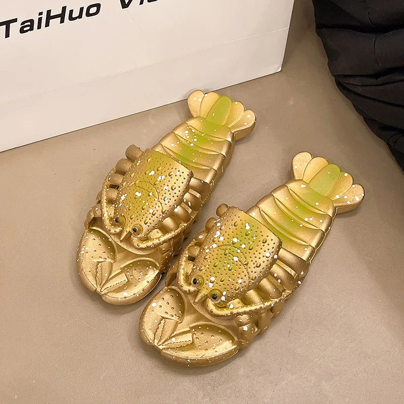 2025 New Metal Color Funny Lobster Slippers For Women Men Summer Shoes Anti-slip Cute Cartoon Couples Indoor Beach Slides