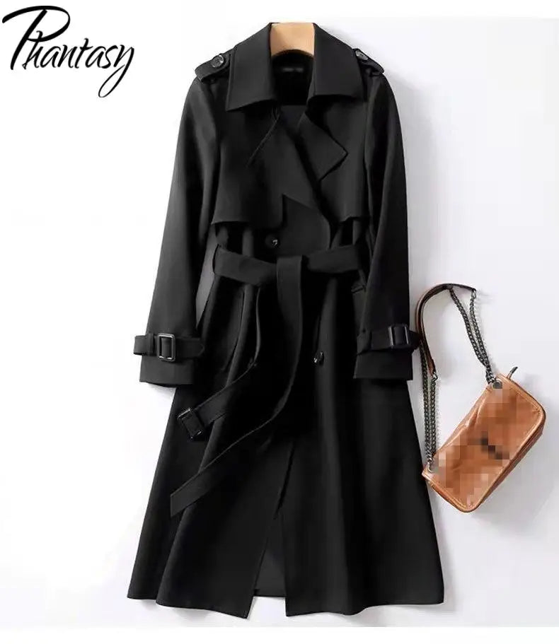 Phantasy Trench Coat Women Long Sleeve Jacket British Style Long Cloack Lace Up Elegant Office Lady Trench Spring Autumn Outfit