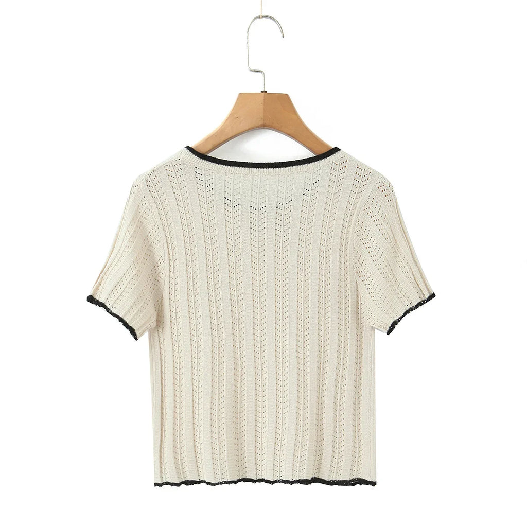Fashion Casual Knitted Shirt With Black Trim Bow Knit T Shirt Short Sleeve Hollow Out Crew Neck Top For Women Daily Outfit EMZE