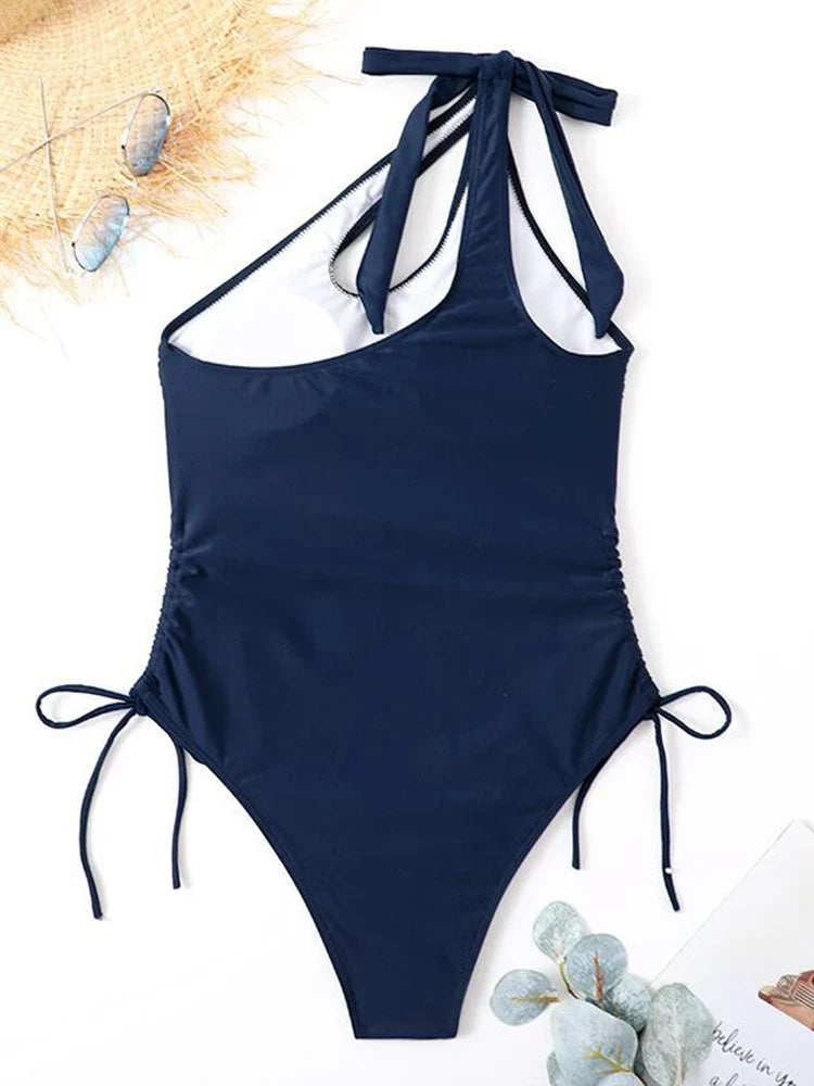 2026 One Piece Swimsuit Solid Swimwear Women One Shoulder String Bathing Suit Female Monokini Swimming Summer Beachwear Bodysuit
