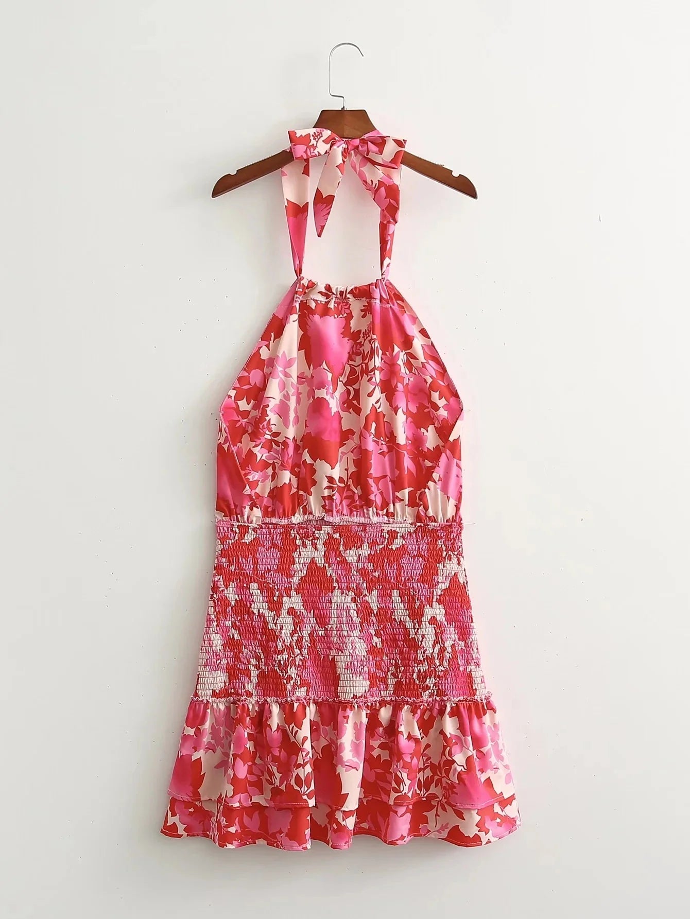 Sexy Red Floral Print Backless Summer Women Boho Mini Dress Bodycon Sleeveless Beach Lace Up Bowknot Dropshipping Dress Sundress