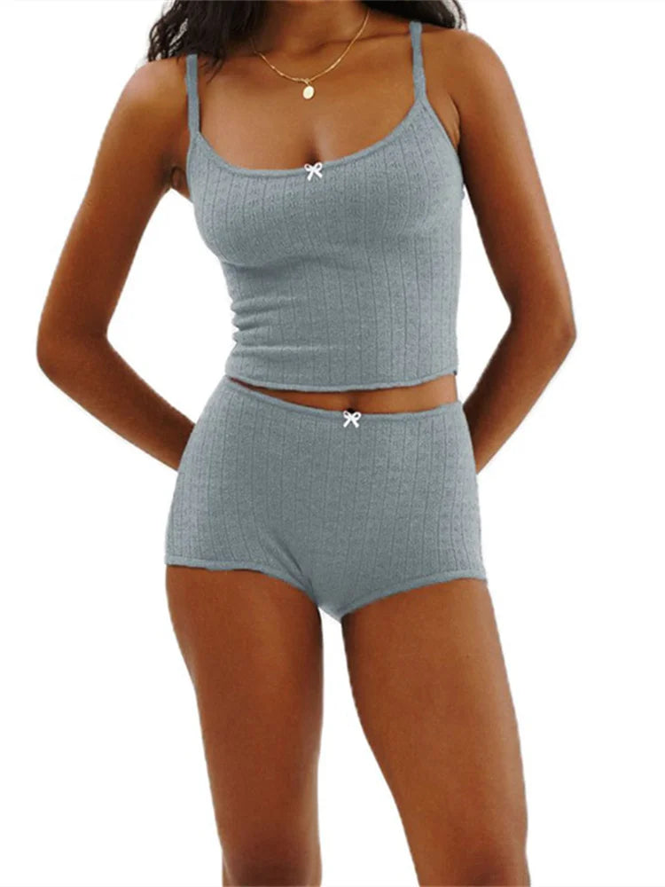 2 Piece Sets Women's Solid Color Bow Camisole Tops and Shorts Sets Summer Casual Loungewear