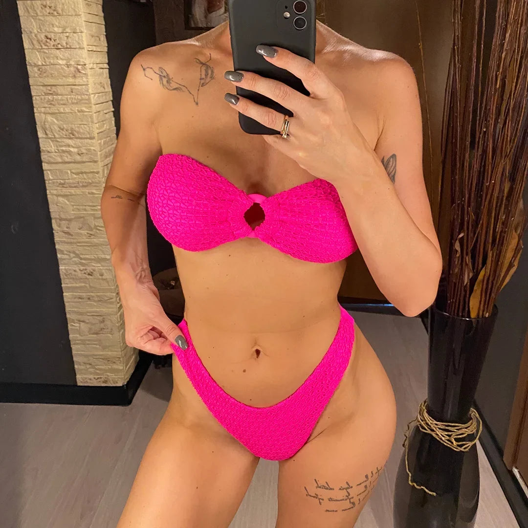 Wrinkled Bandeau High Cut Bikini Women Swimwear Female Swimsuit Two-Pieces Bikini Set Strapless Bather Bathing Suit Swim V3367