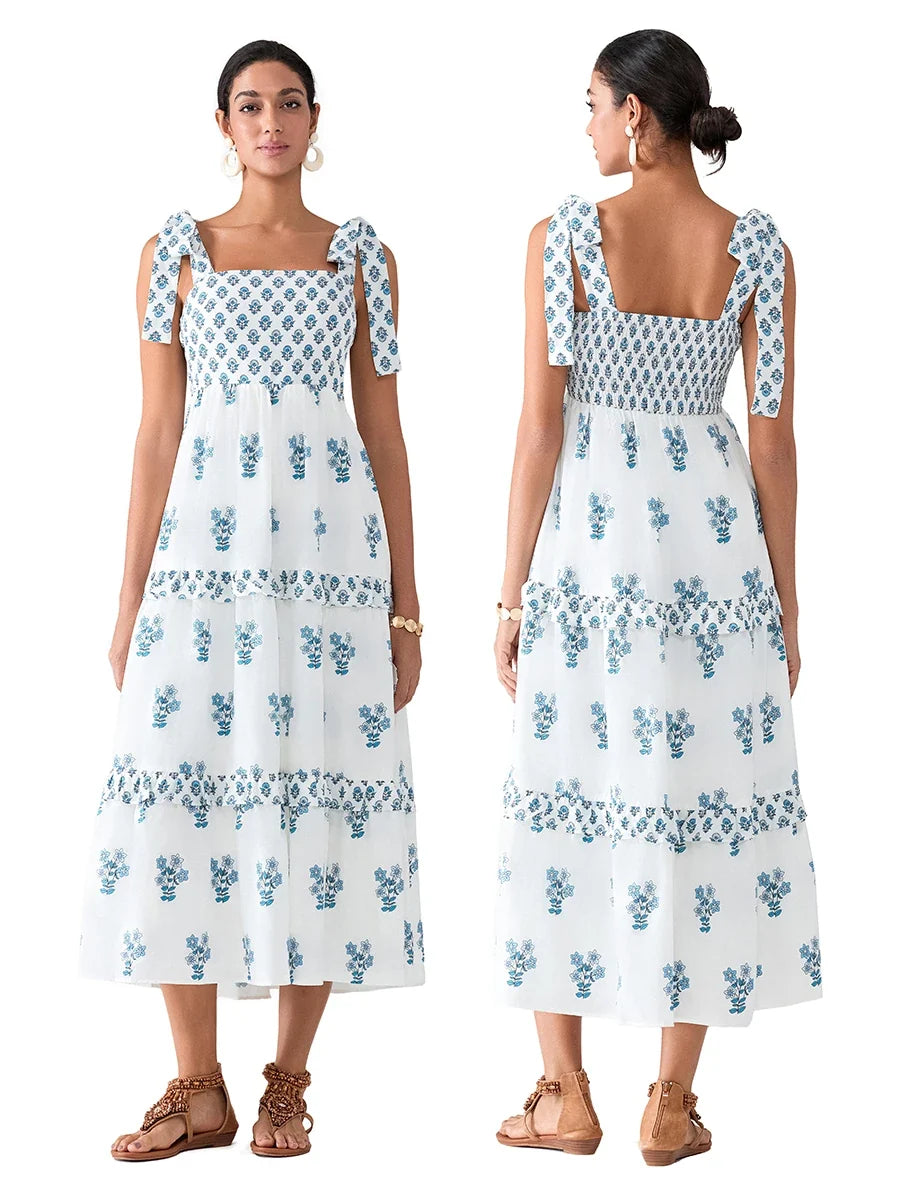 Flower Print Tie Strap Swing Dress Women A-Line Square Neck Tiered Ruffled Summer Bohemian Beach Long Tank Dress