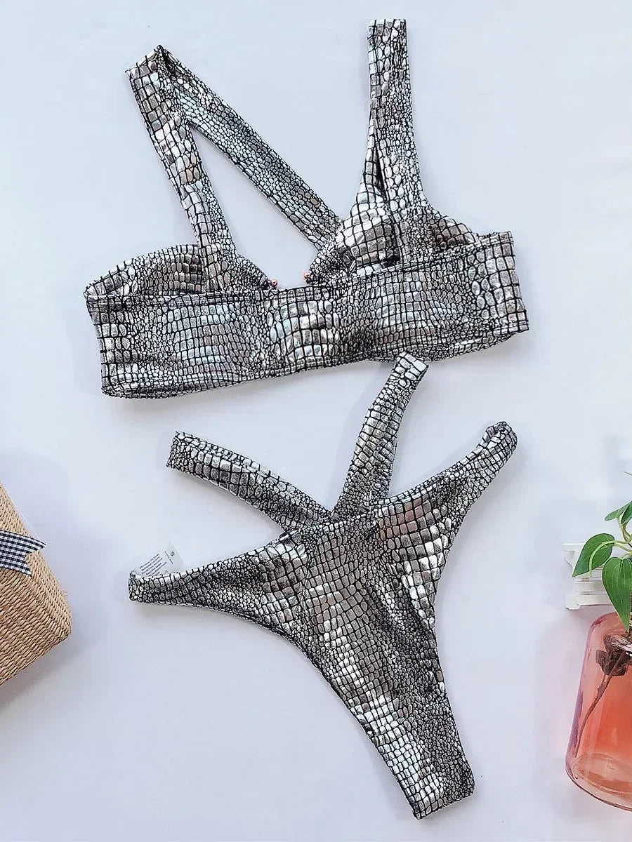 Asymmetric Shiny Snake Skin Thong Bikini Female Swimsuit Women Swimwear Two Pieces Bikini set High Cut Bather Bathing Suit Swim